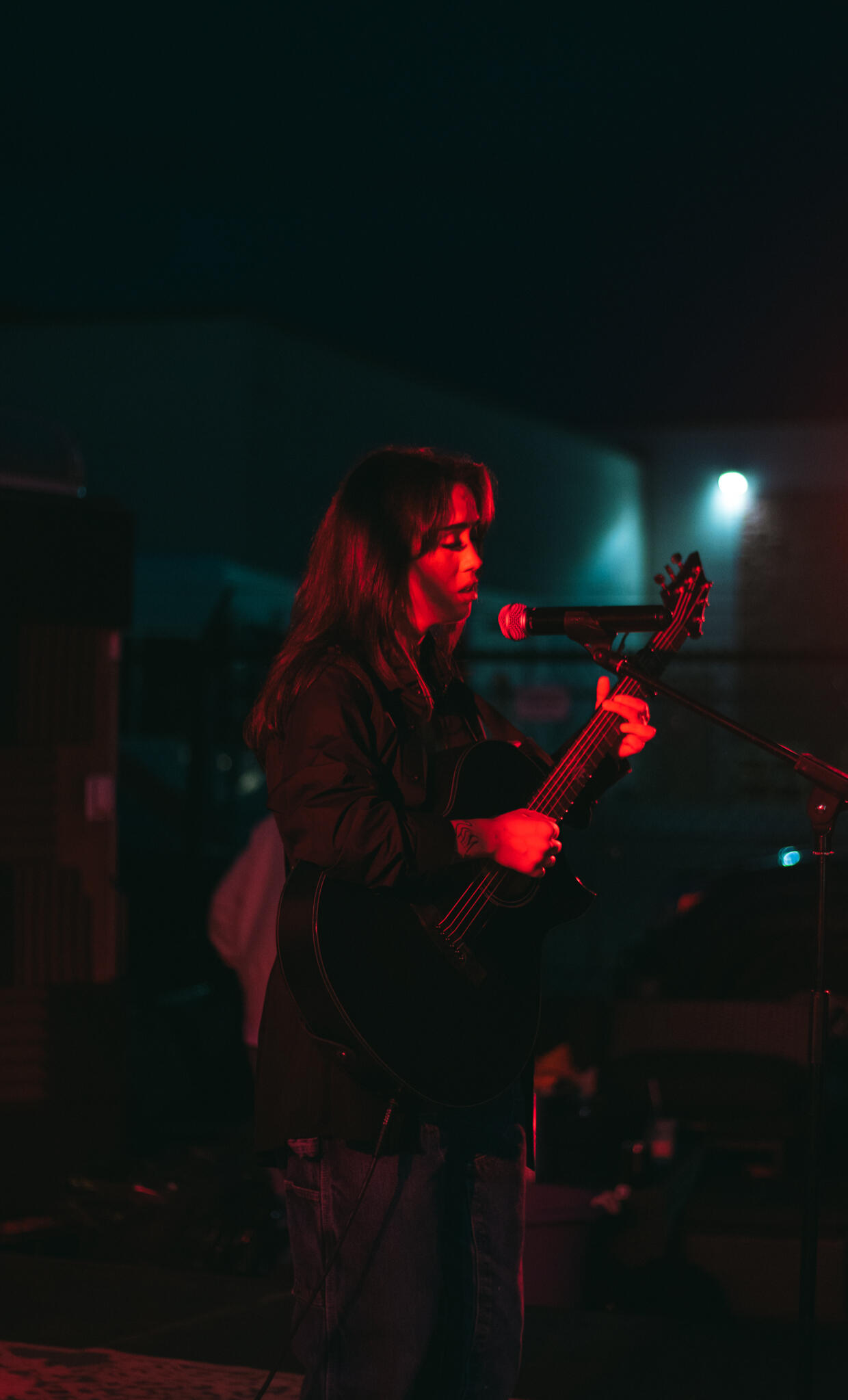 Never Ending Summer A woman with long hair, playing a guitar, showcasing her passion for music in a warm, inviting setting.